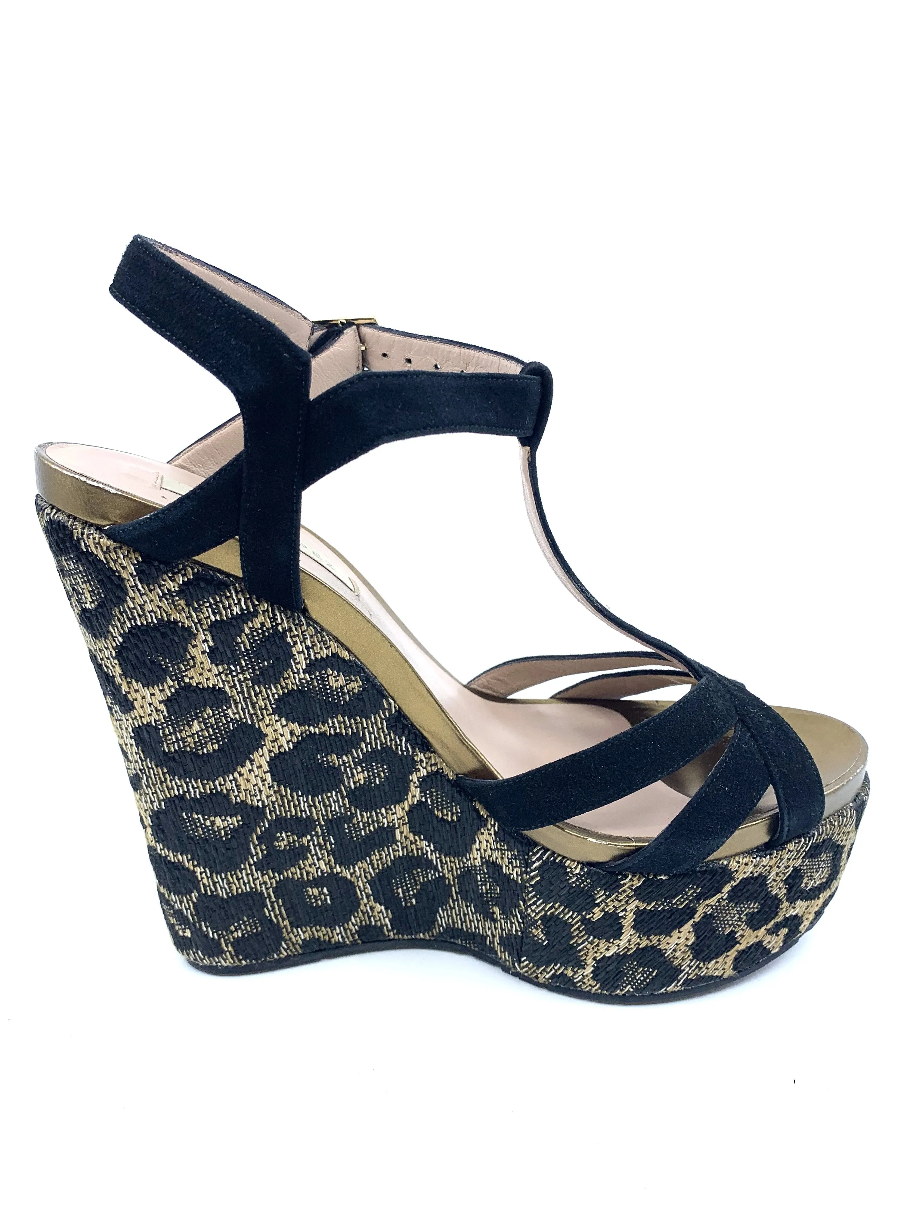 AB900 Black Suede and Raffia Leopard Pura Lopez Wedge Sandals