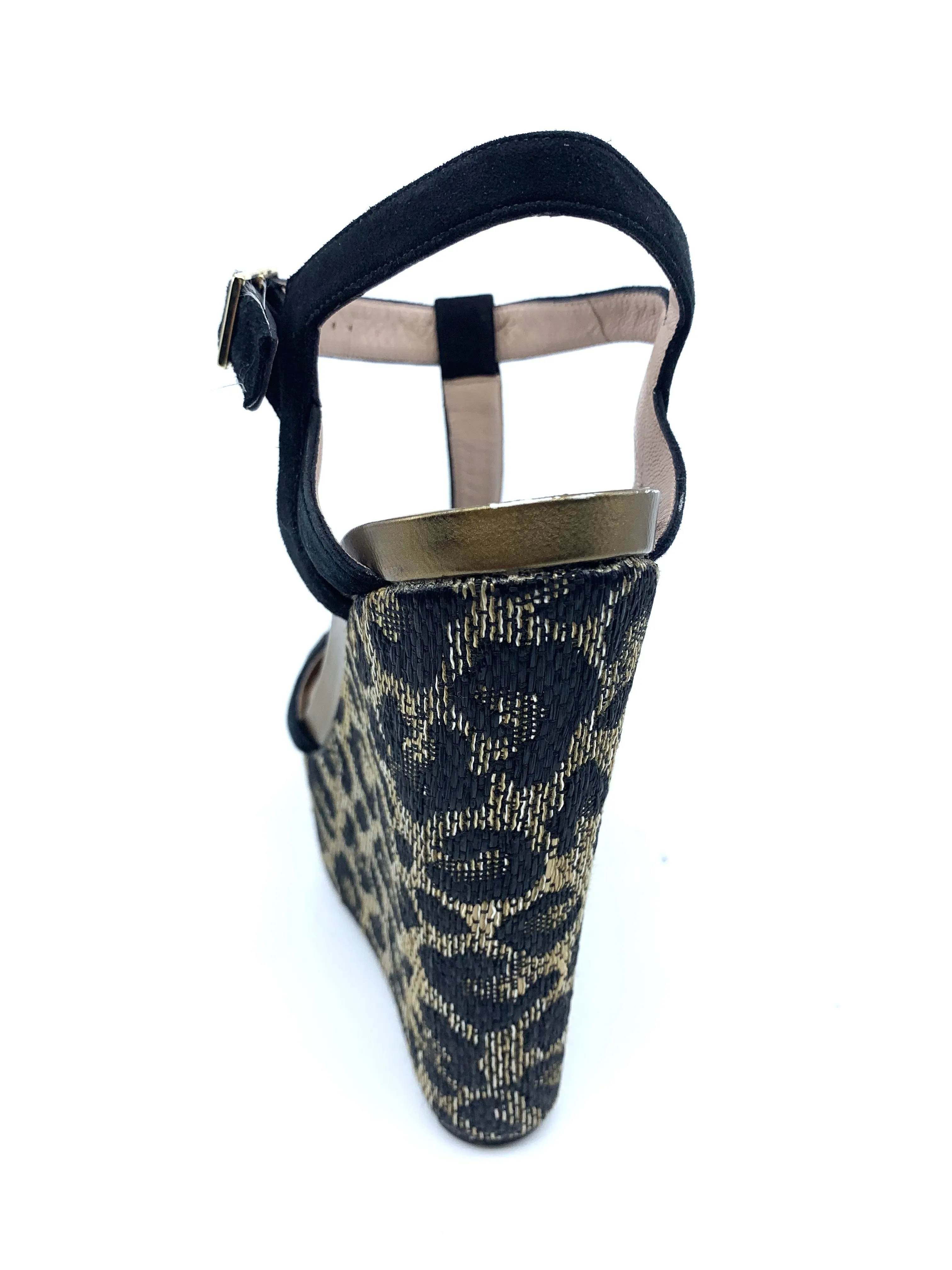 AB900 Black Suede and Raffia Leopard Pura Lopez Wedge Sandals