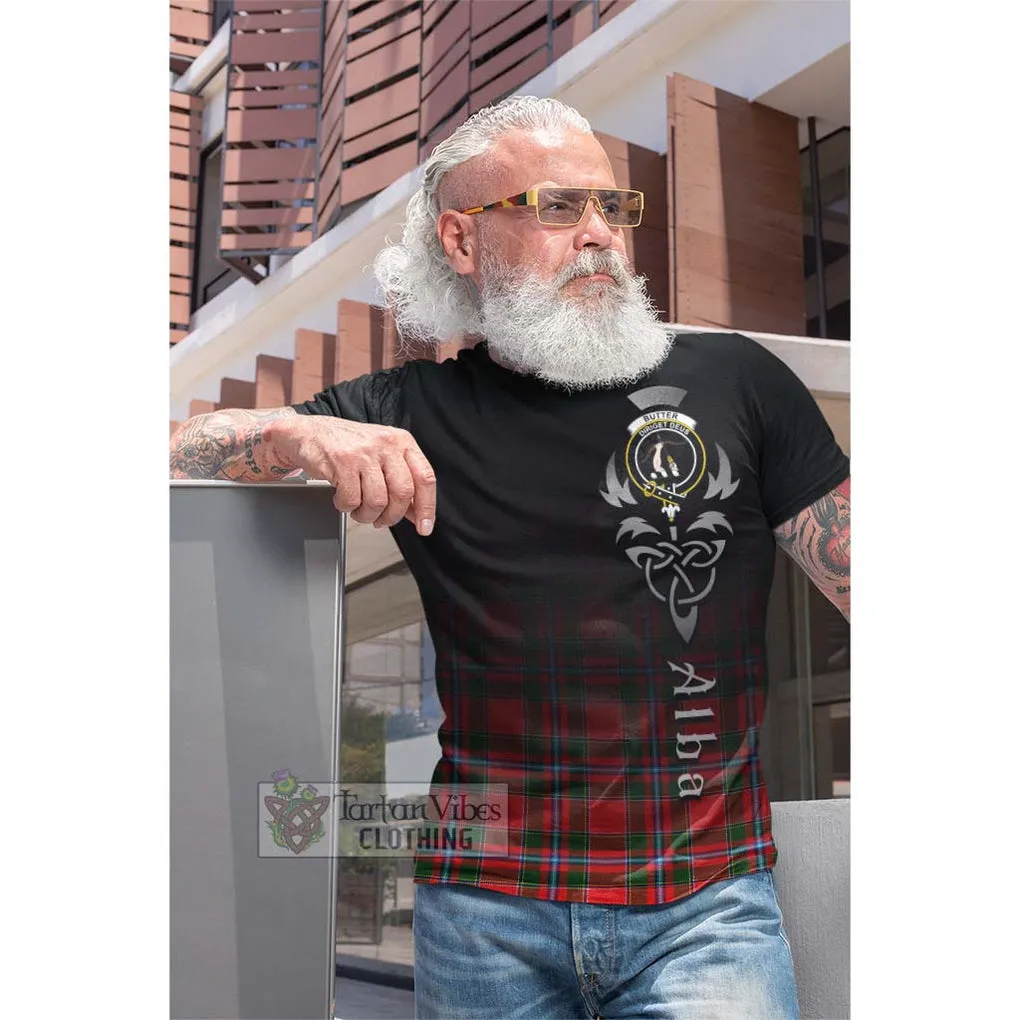 Butter Tartan Cotton T-shirt Featuring Alba Gu Brath Family Crest Celtic Inspired