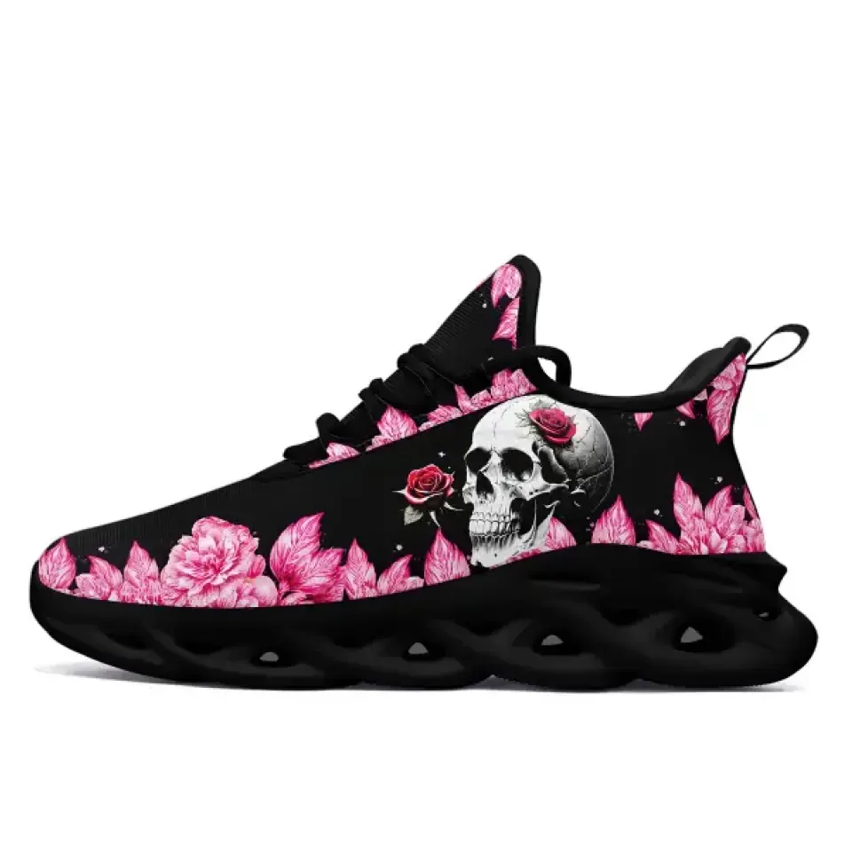 Custom MS Shoes with Rose and Skull Theme, Crafted for Enthusiasts of Rose-Adorned Edginess,Black Color,2016MS-23023001,Winter Sneakers,Outdoor Boots,Comfy Winter Boots