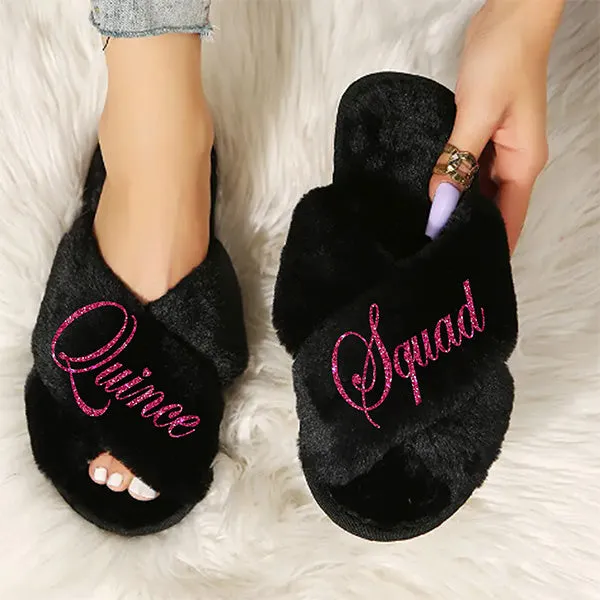Cute Personalized Fluffy Slippers for Quinceanera