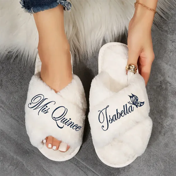 Cute Personalized Fluffy Slippers for Quinceanera