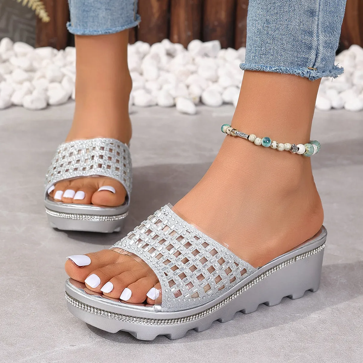 Gold silver glitter wedge heels slides