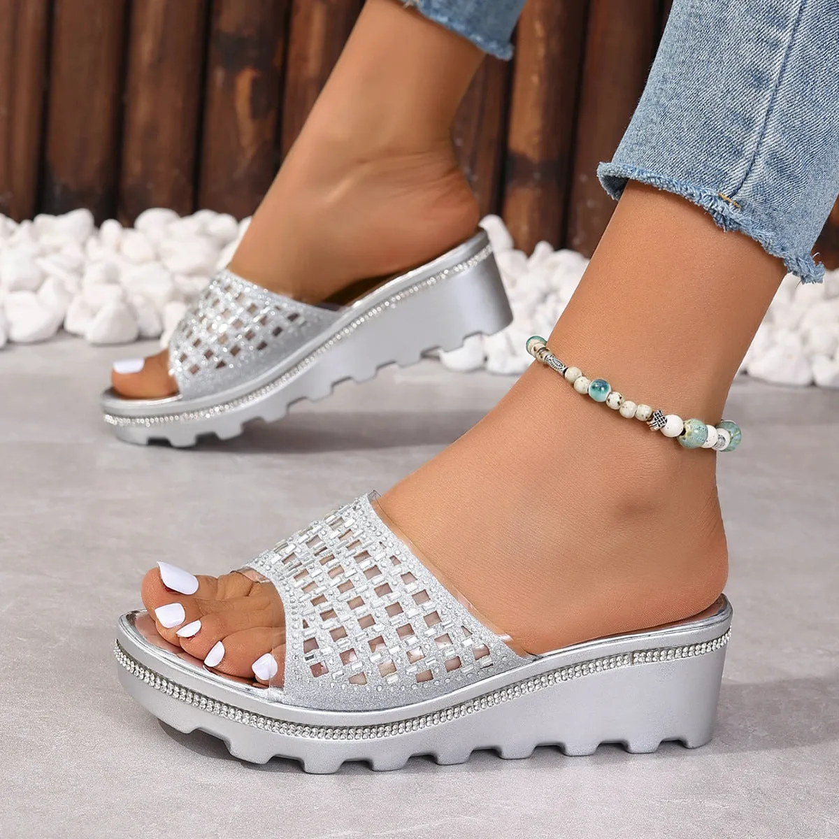 Gold silver glitter wedge heels slides