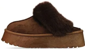 H.O.S Brown Womens Faux Fur Platform Mules Slippers Fluffy Shoes(Buy Size Up)