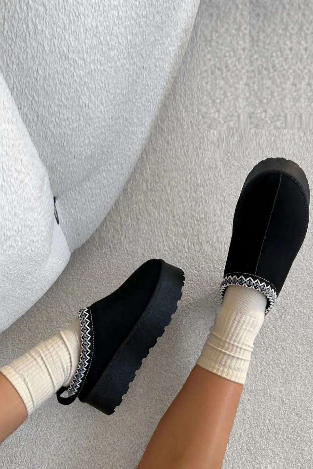 House Of Sehrish MX11H Black Fluffy Platform Slippers Faux Fur Lined Ankle Boots