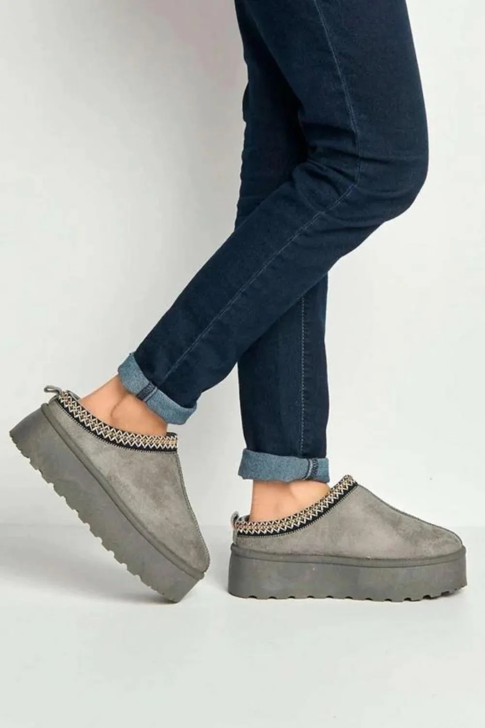 House Of Sehrish MX11H Grey Fluffy Platform Slippers Faux Fur Lined Ankle Boots