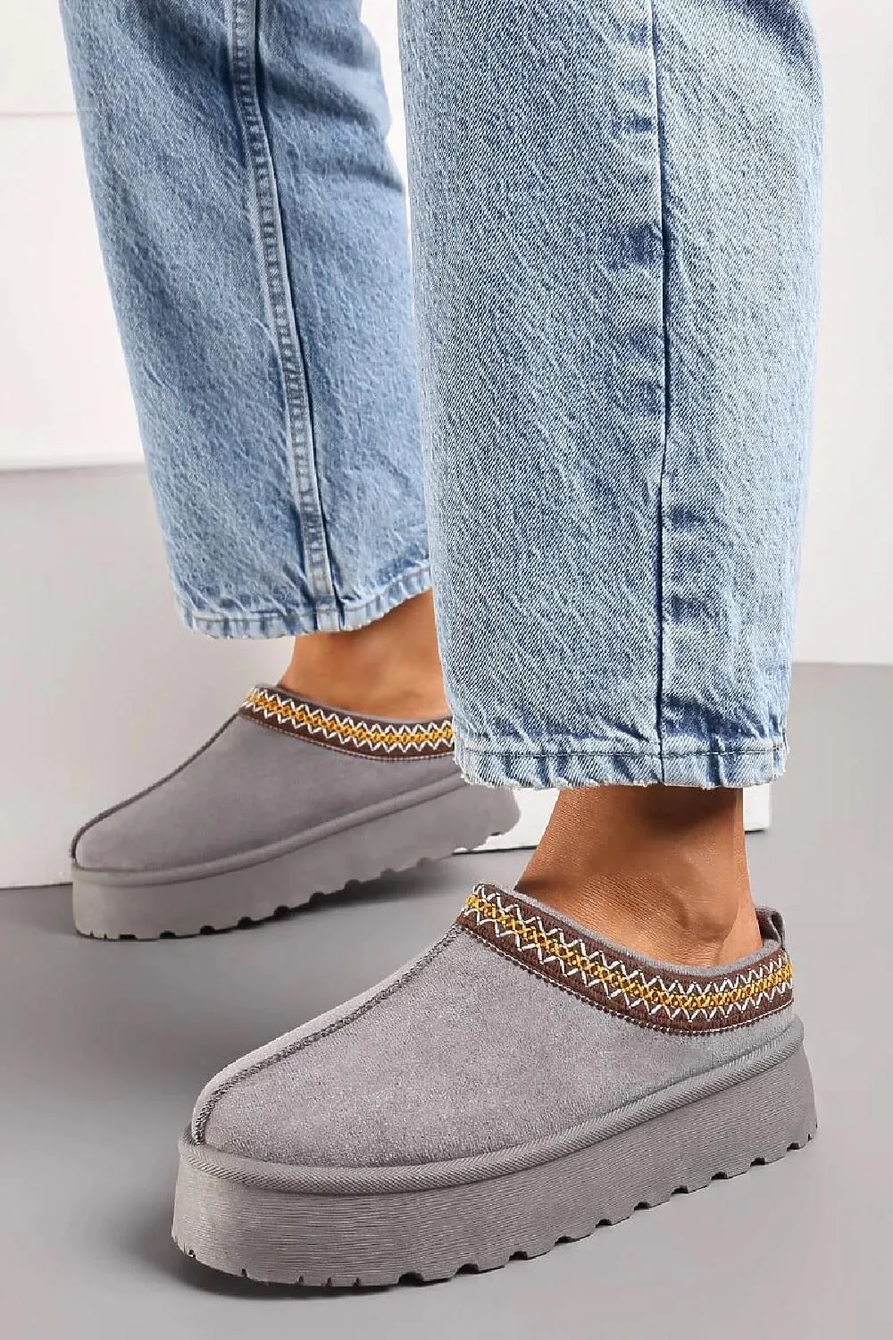 House Of Sehrish MX11H Grey Fluffy Platform Slippers Faux Fur Lined Ankle Boots