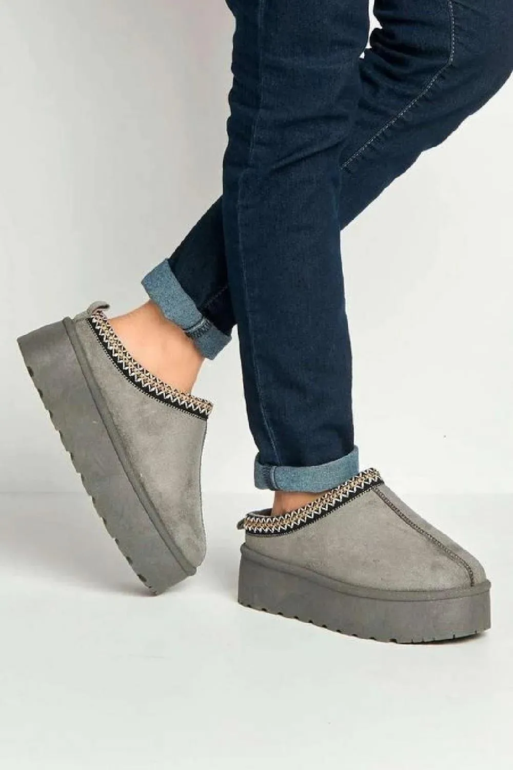 House Of Sehrish MX11H Grey Fluffy Platform Slippers Faux Fur Lined Ankle Boots