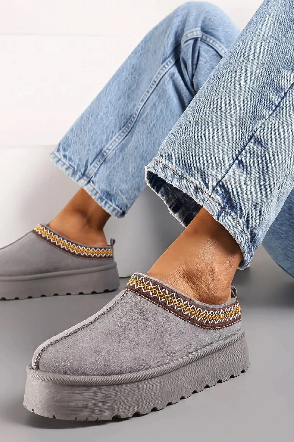 House Of Sehrish MX11H Grey Fluffy Platform Slippers Faux Fur Lined Ankle Boots