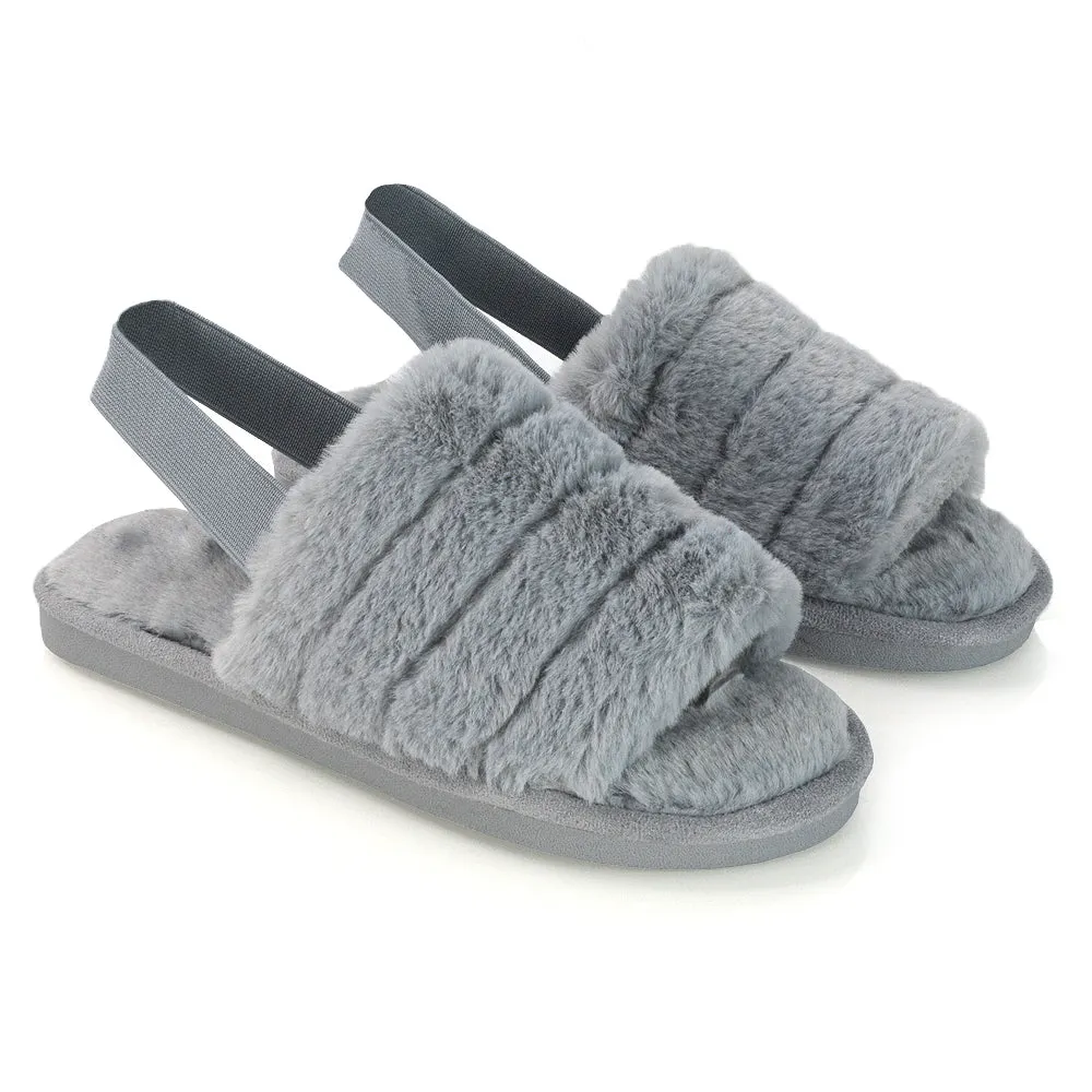 Lana Faux Fur Sling Back Ribbed Strappy Soft Cosy Fluffy Slippers in White