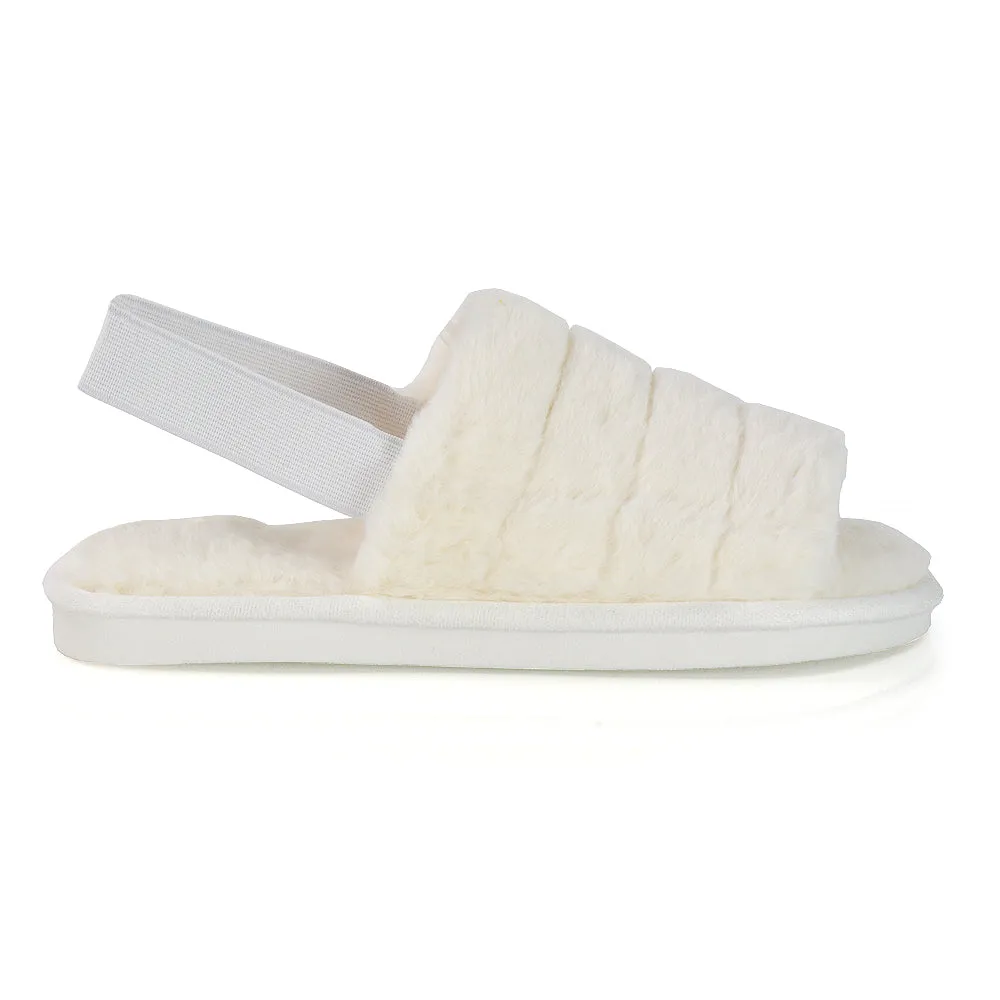 Lana Faux Fur Sling Back Ribbed Strappy Soft Cosy Fluffy Slippers in White