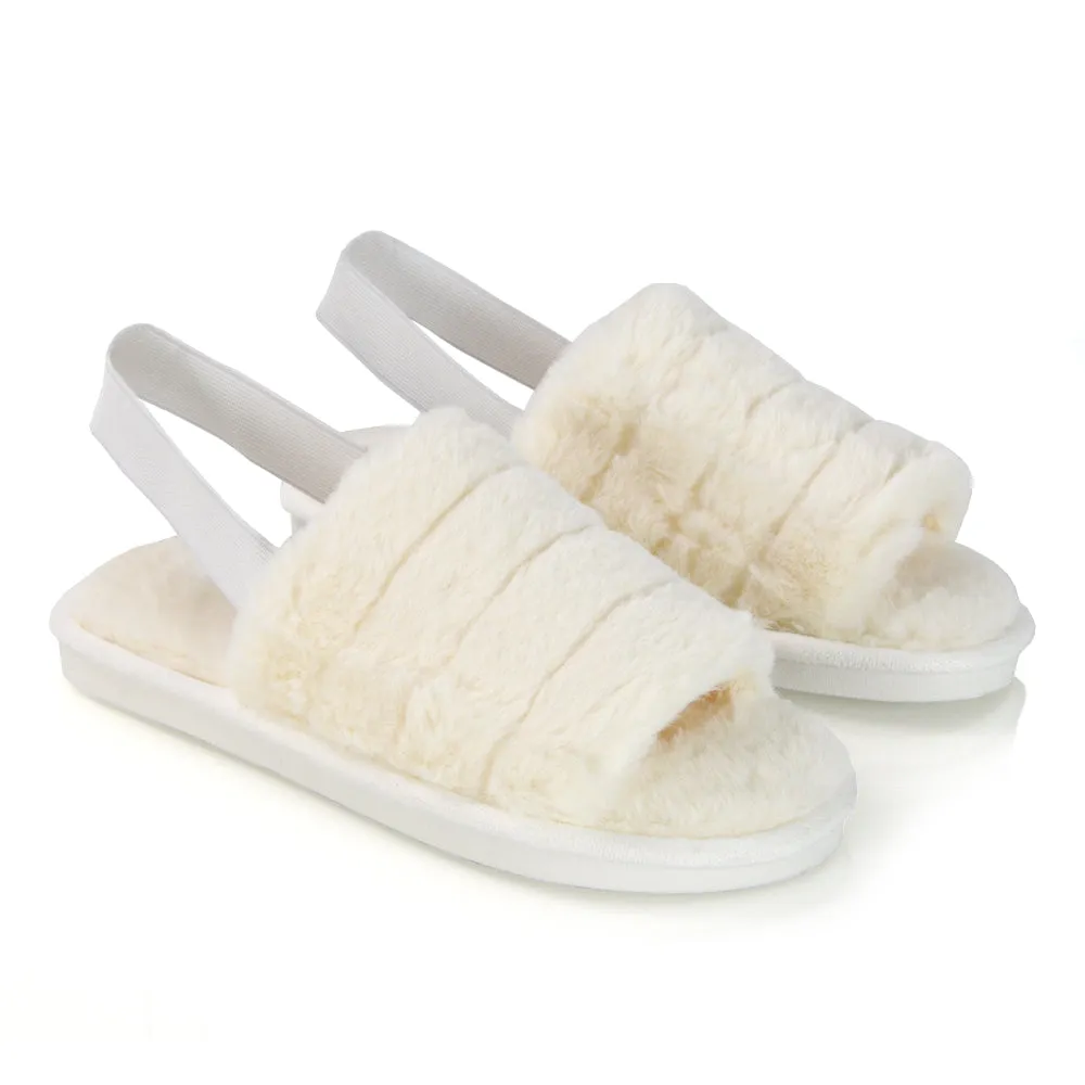 Lana Faux Fur Sling Back Ribbed Strappy Soft Cosy Fluffy Slippers in White