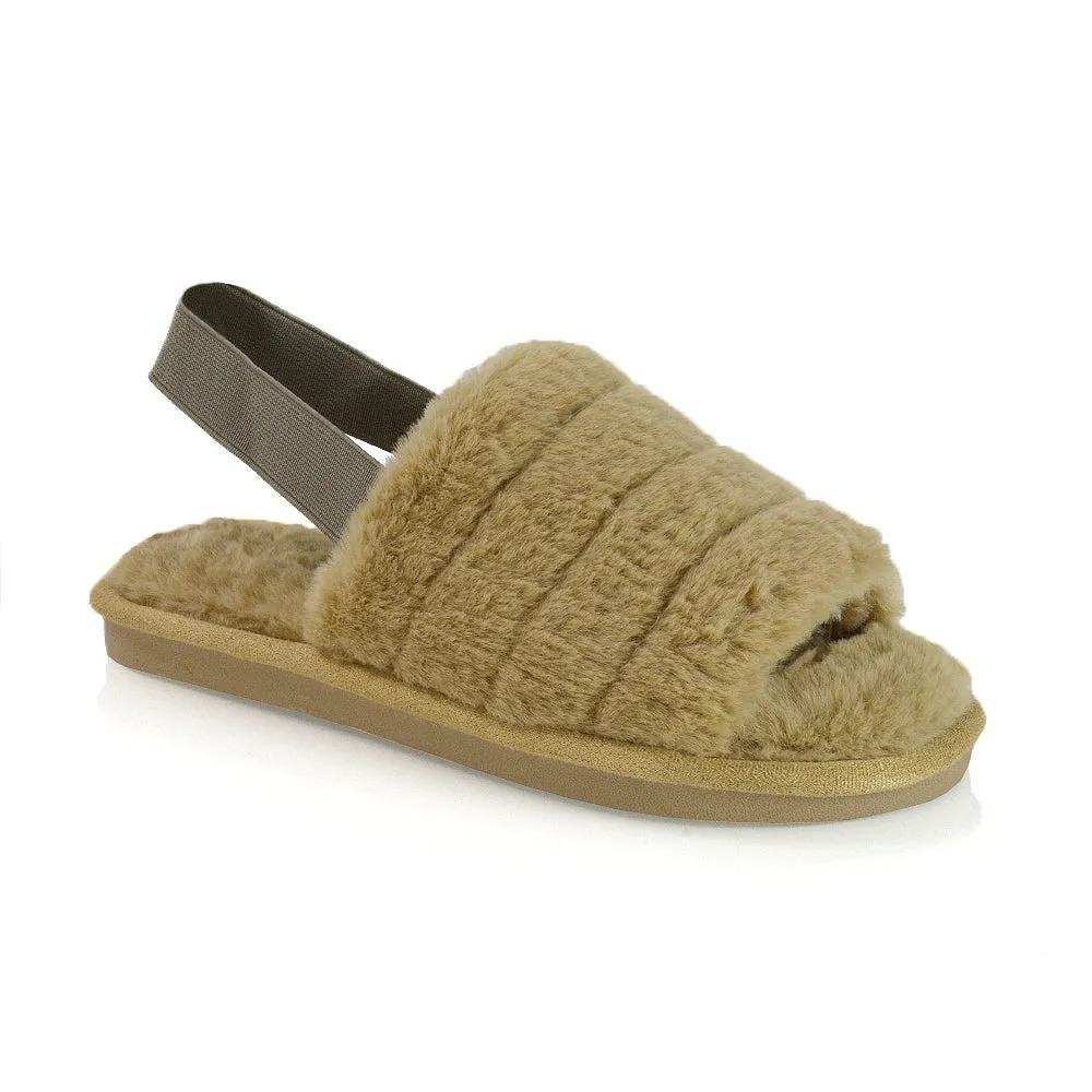Lana Faux Fur Sling Back Ribbed Strappy Soft Cosy Fluffy Slippers in White