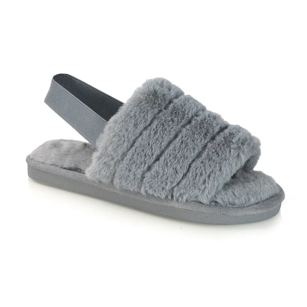 Lana Faux Fur Sling Back Ribbed Strappy Soft Cosy Fluffy Slippers in White
