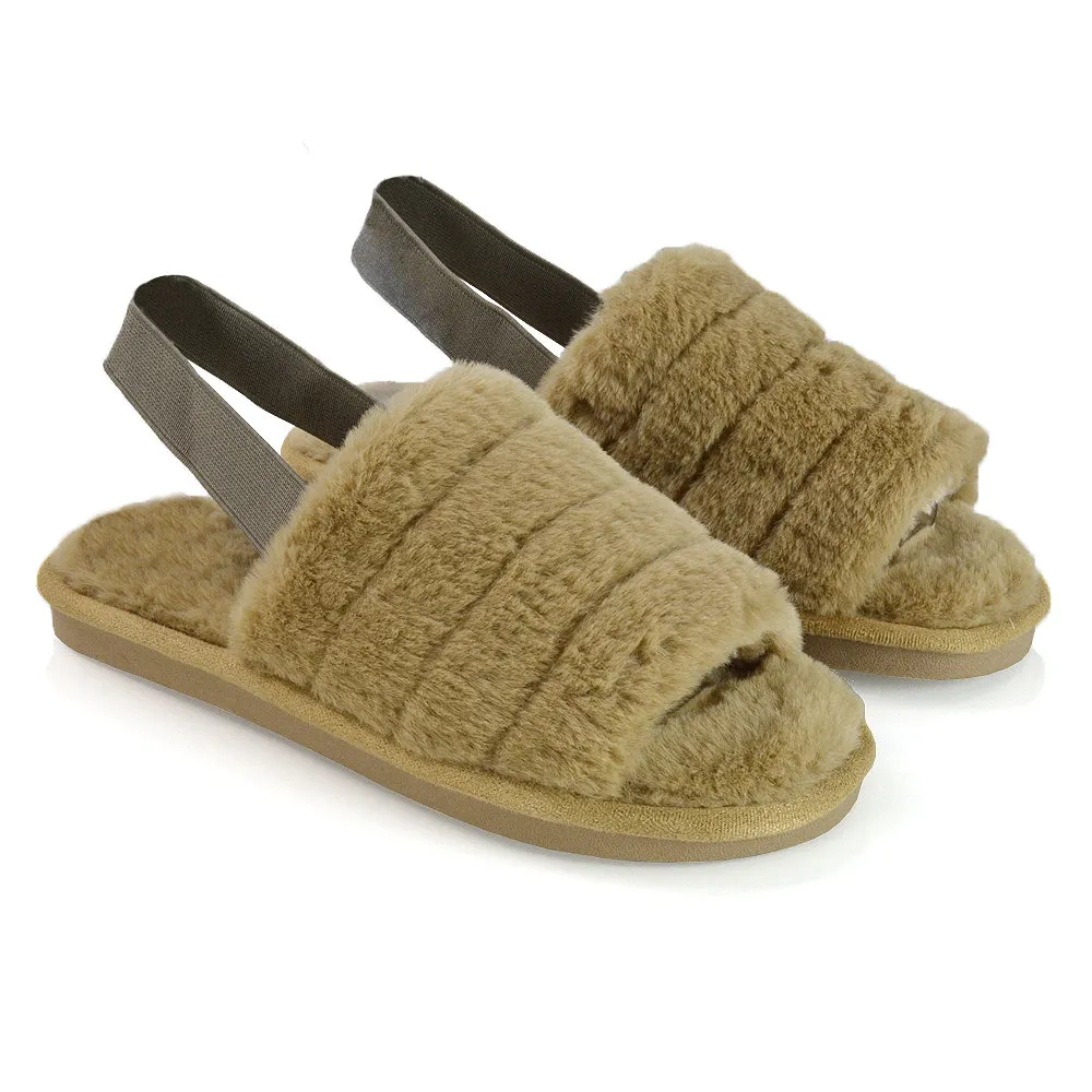 Lana Faux Fur Sling Back Ribbed Strappy Soft Cosy Fluffy Slippers in White