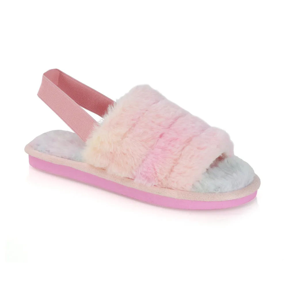 Lana Faux Fur Sling Back Ribbed Strappy Soft Cosy Fluffy Slippers in White