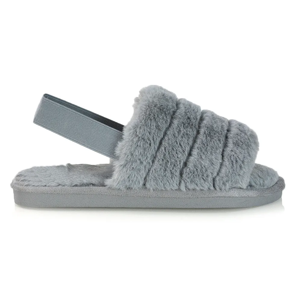 Lana Faux Fur Sling Back Ribbed Strappy Soft Cosy Fluffy Slippers in White