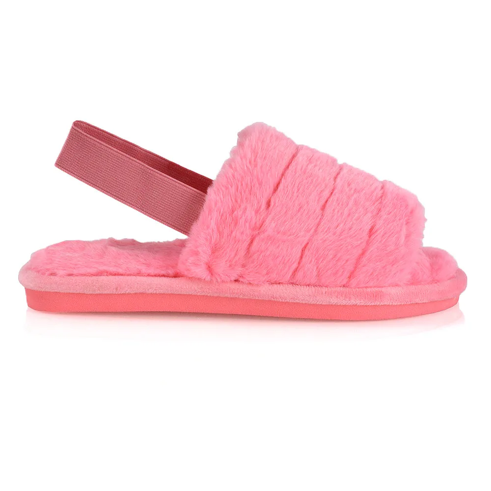 Lana Faux Fur Sling Back Ribbed Strappy Soft Cosy Fluffy Slippers in White