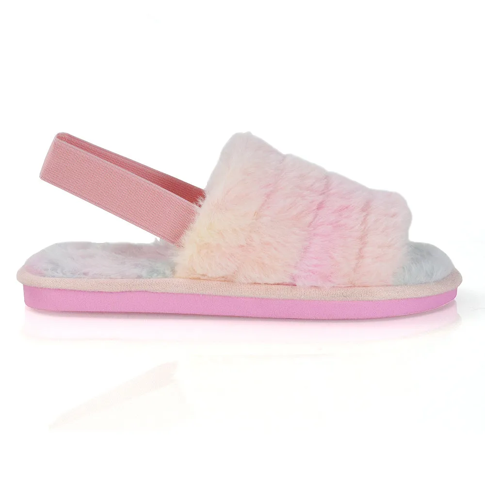 Lana Faux Fur Sling Back Ribbed Strappy Soft Cosy Fluffy Slippers in White