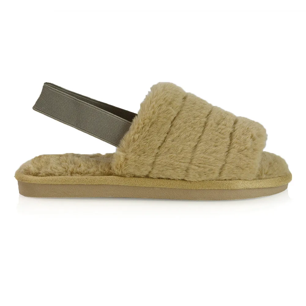 Lana Faux Fur Sling Back Ribbed Strappy Soft Cosy Fluffy Slippers in White