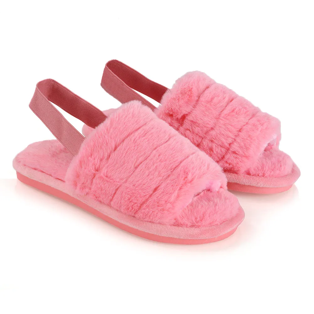 Lana Faux Fur Sling Back Ribbed Strappy Soft Cosy Fluffy Slippers in White