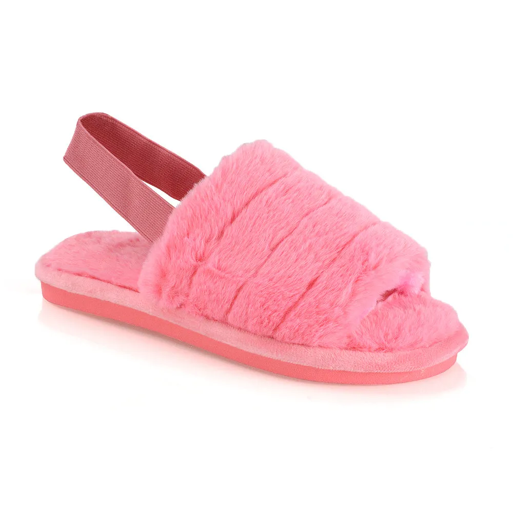 Lana Faux Fur Sling Back Ribbed Strappy Soft Cosy Fluffy Slippers in White