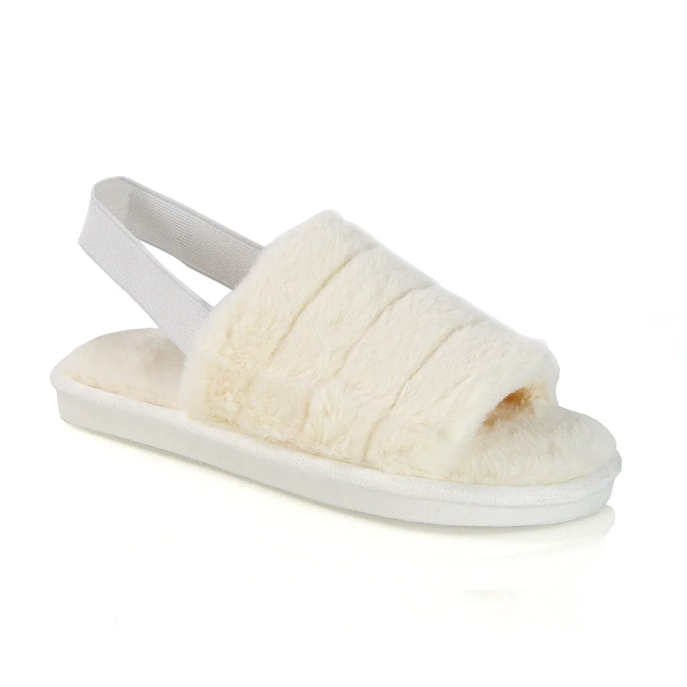 Lana Faux Fur Sling Back Ribbed Strappy Soft Cosy Fluffy Slippers in White