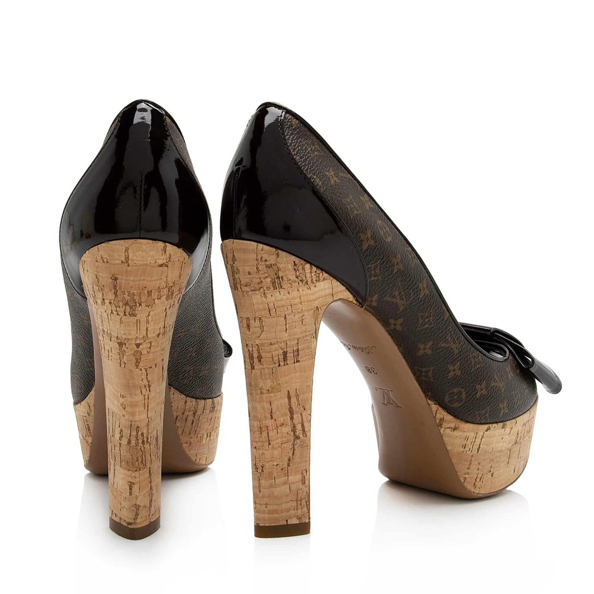 Louis Vuitton Monogram Canvas Cork Rivoli Peep Toe Platform Pumps - Size 8 / 38 (SHF-AnjXgu)