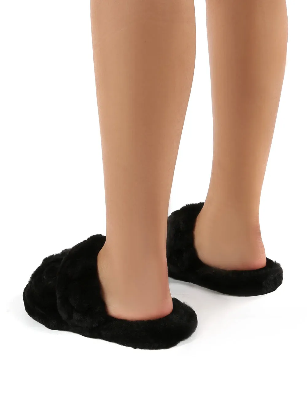Minky Black Fluffy Double Strap Slippers