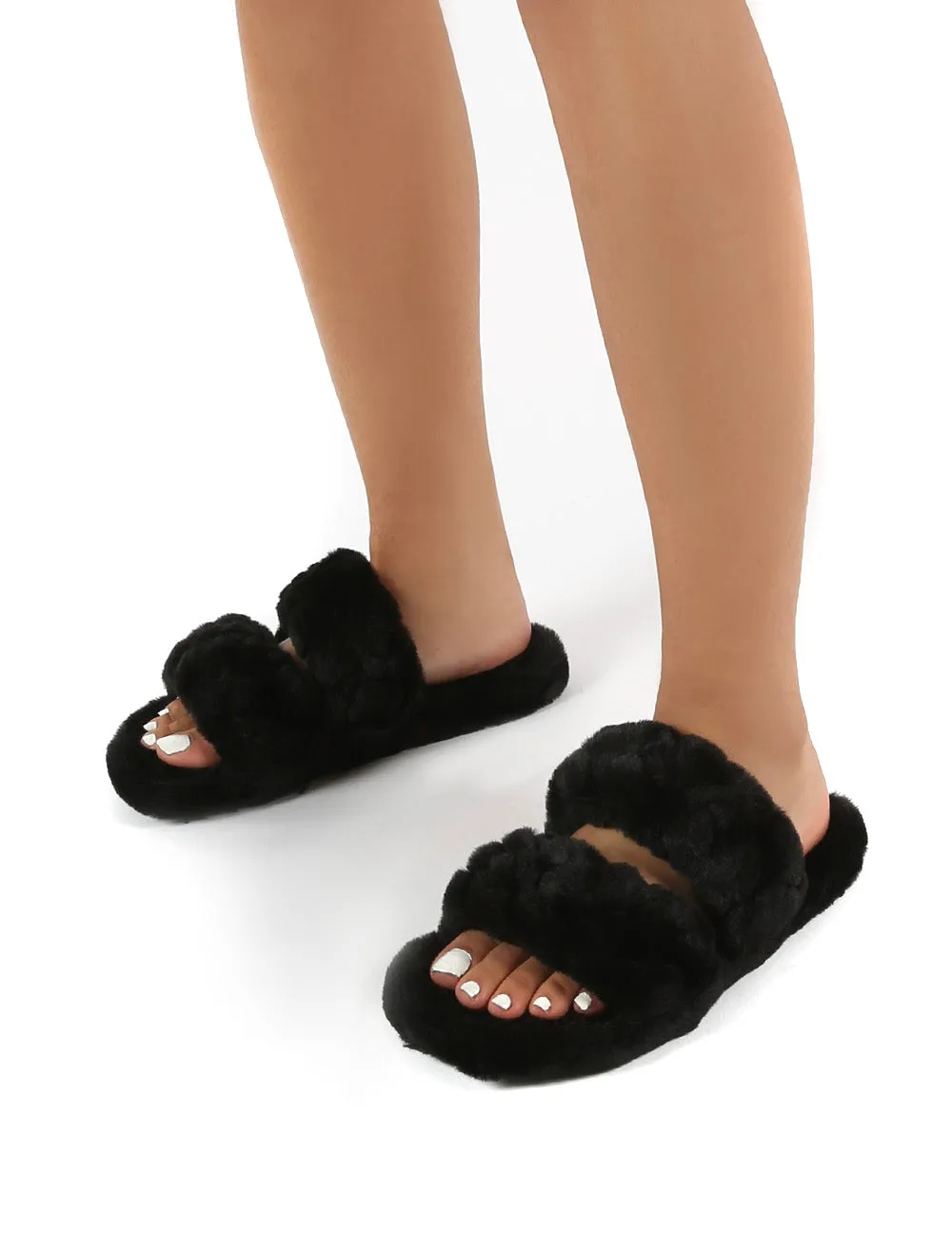 Minky Black Fluffy Double Strap Slippers