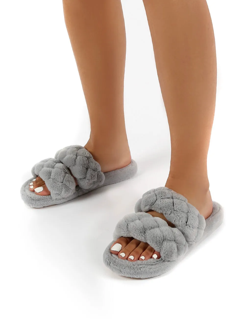 Minky Grey Fluffy Double Strap Slippers