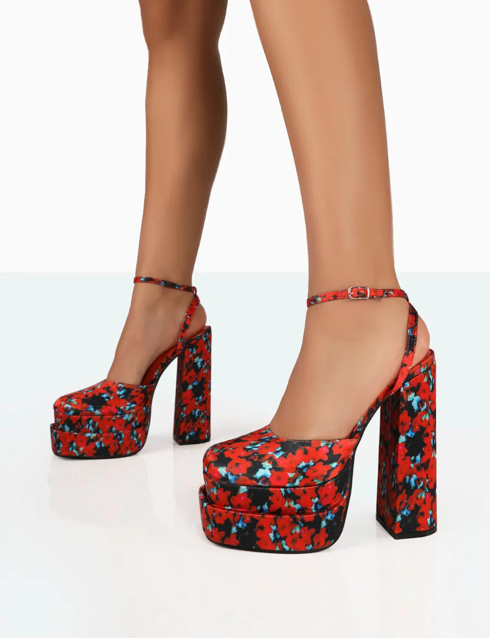 Moonchild Floral Satin Closed Toe Statement Platform Block Heels