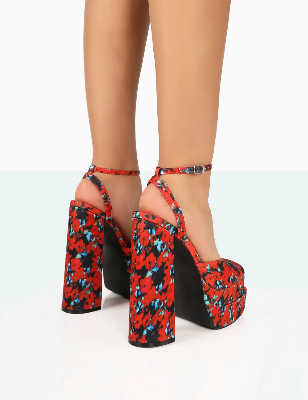 Moonchild Floral Satin Closed Toe Statement Platform Block Heels