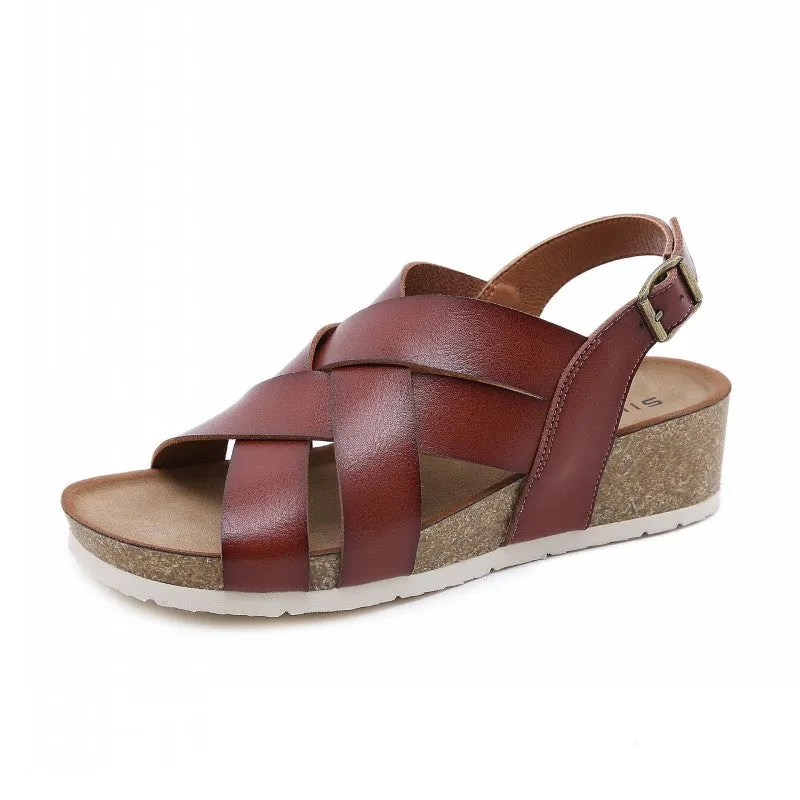 SIKETU |  Cork Multiple Straps Leather Wedge Shoes