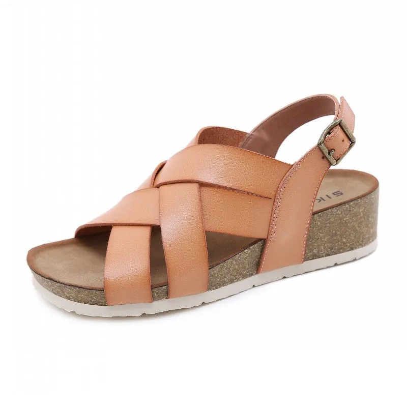 SIKETU |  Cork Multiple Straps Leather Wedge Shoes