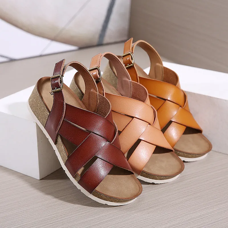 SIKETU |  Cork Multiple Straps Leather Wedge Shoes