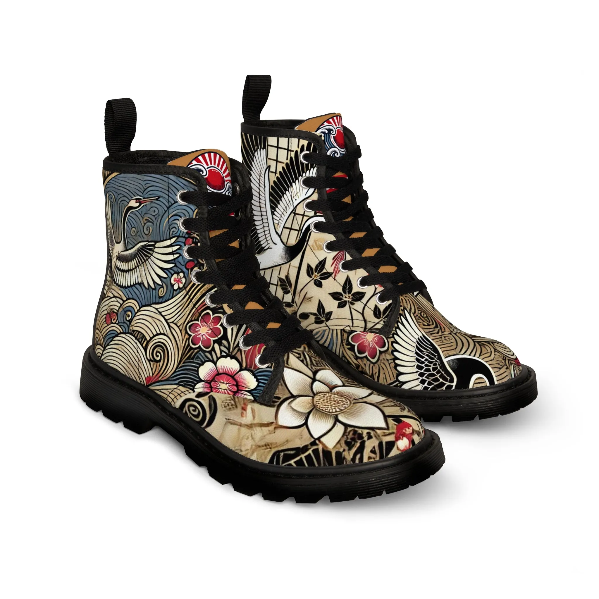 Tokyo Trend Traditional Japanese heron and flowers Pattern Women's Canvas Boots