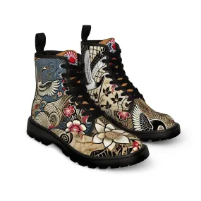 Tokyo Trend Traditional Japanese heron and flowers Pattern Women's Canvas Boots