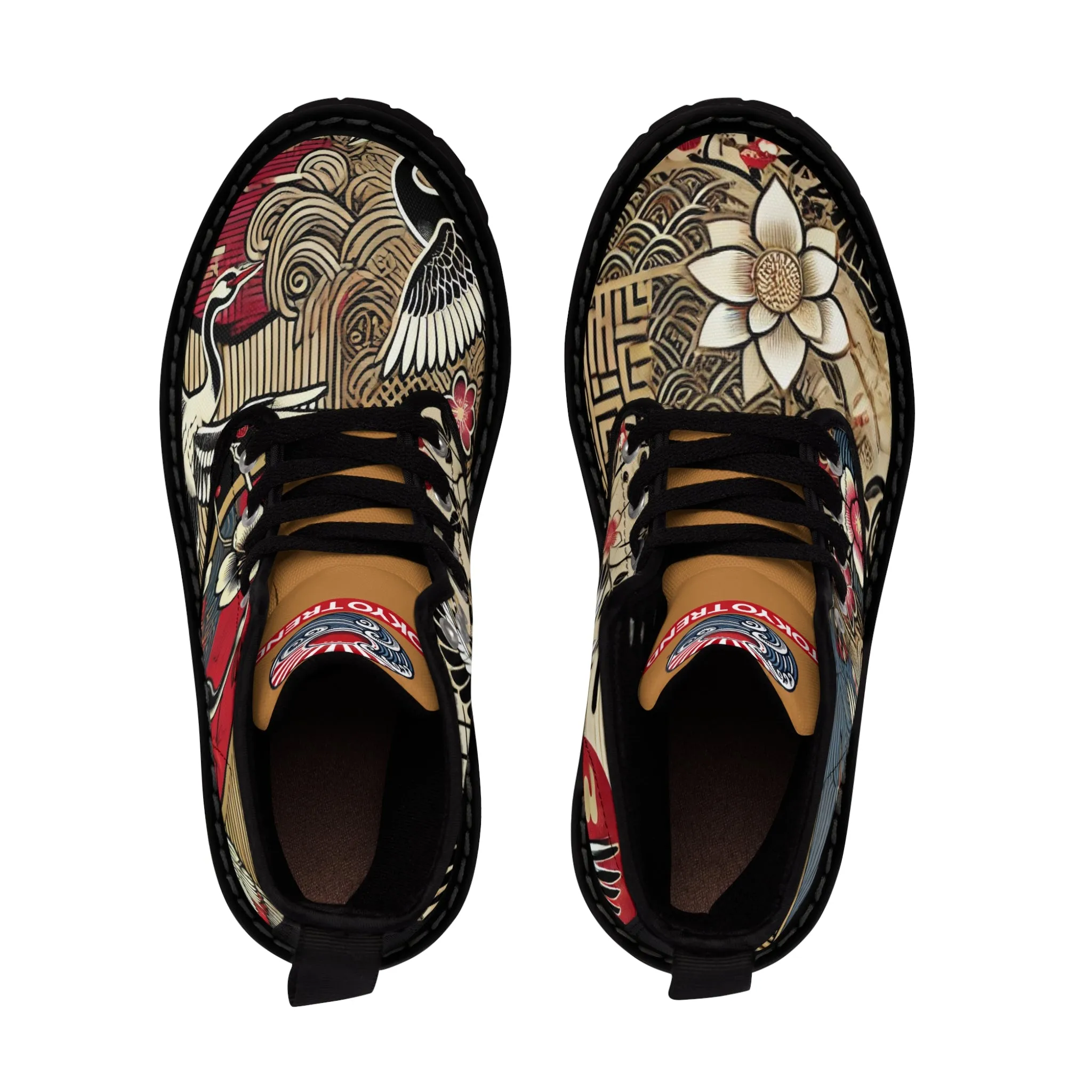Tokyo Trend Traditional Japanese heron and flowers Pattern Women's Canvas Boots