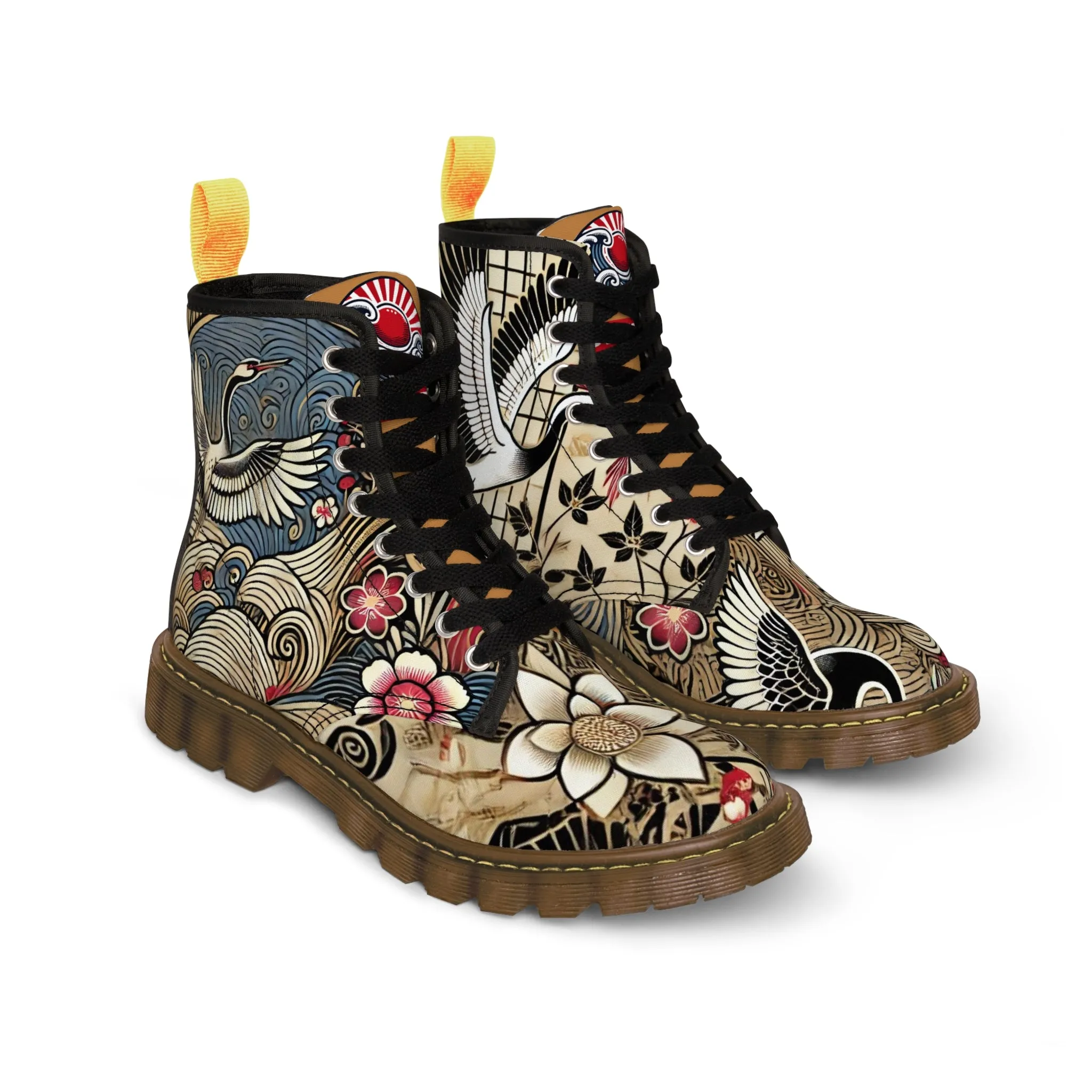 Tokyo Trend Traditional Japanese heron and flowers Pattern Women's Canvas Boots