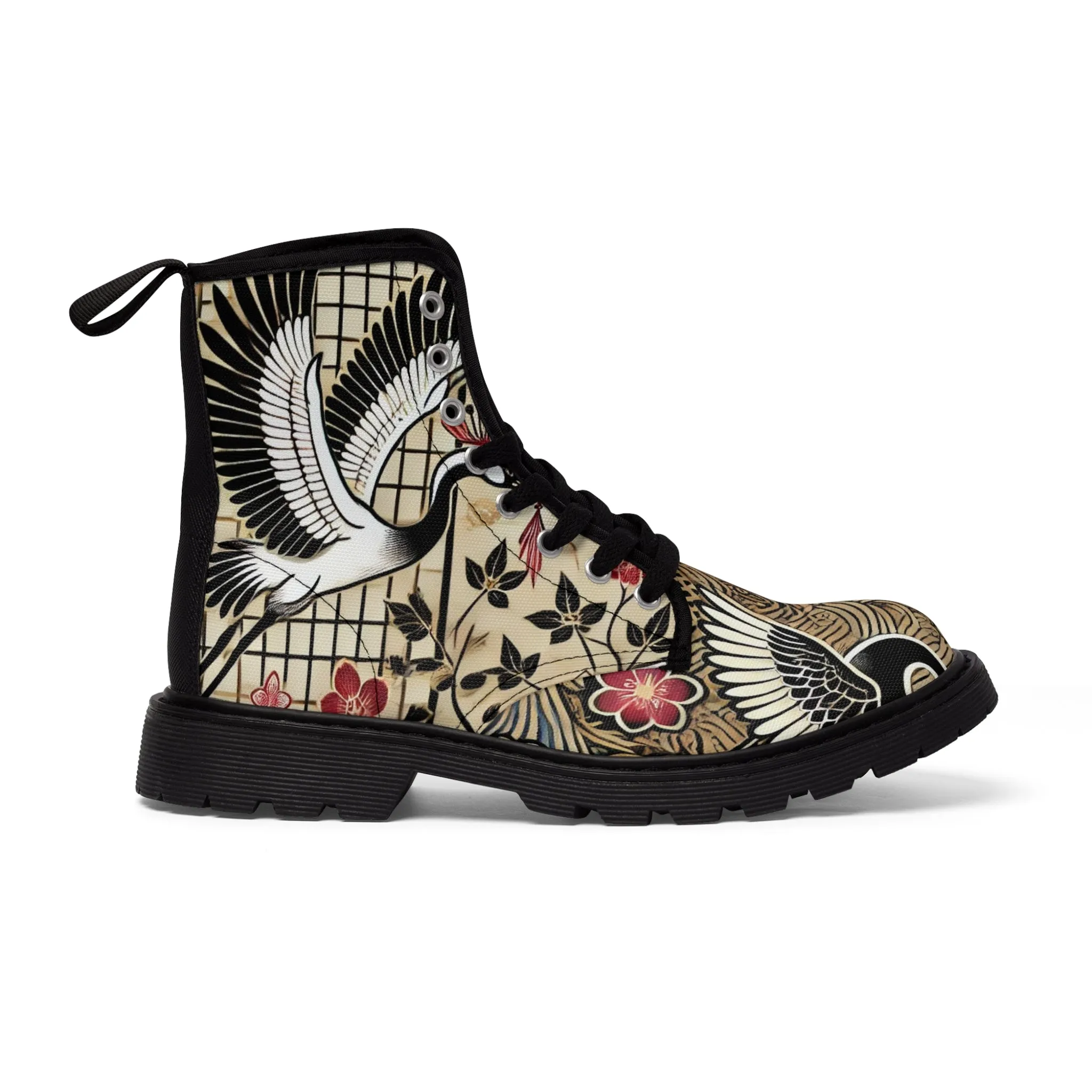 Tokyo Trend Traditional Japanese heron and flowers Pattern Women's Canvas Boots