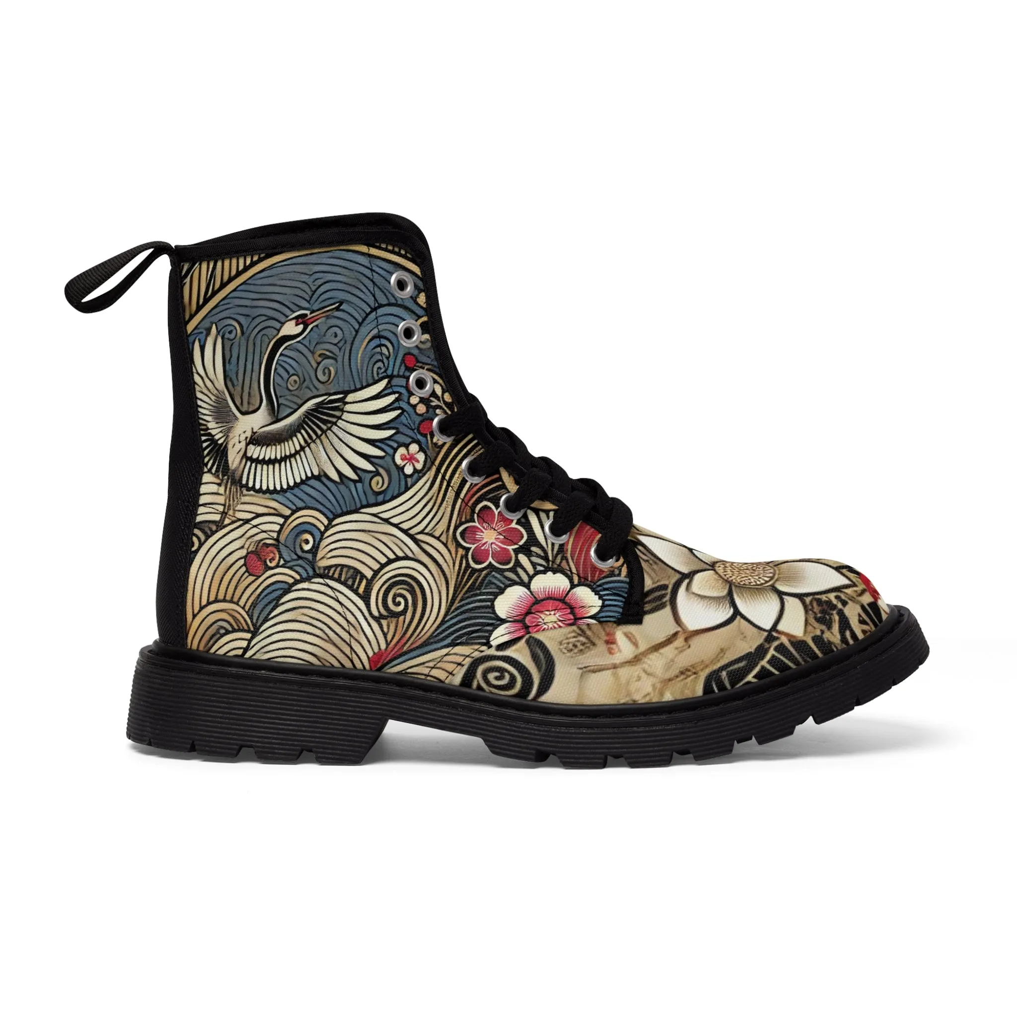 Tokyo Trend Traditional Japanese heron and flowers Pattern Women's Canvas Boots