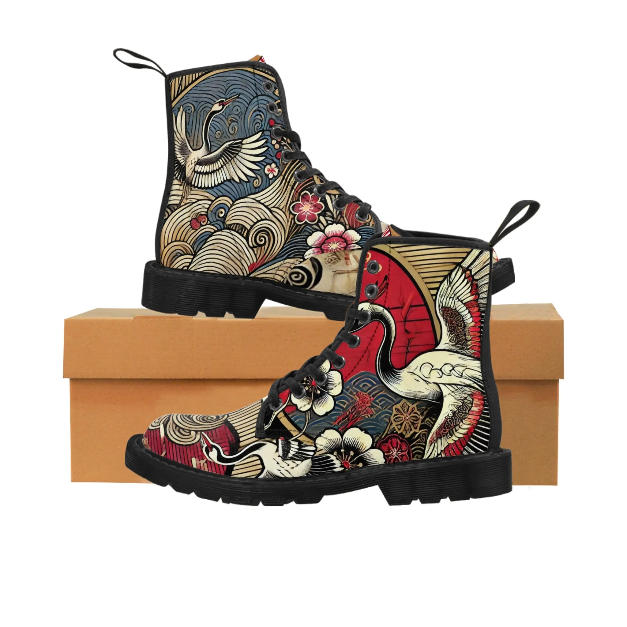 Tokyo Trend Traditional Japanese heron and flowers Pattern Women's Canvas Boots