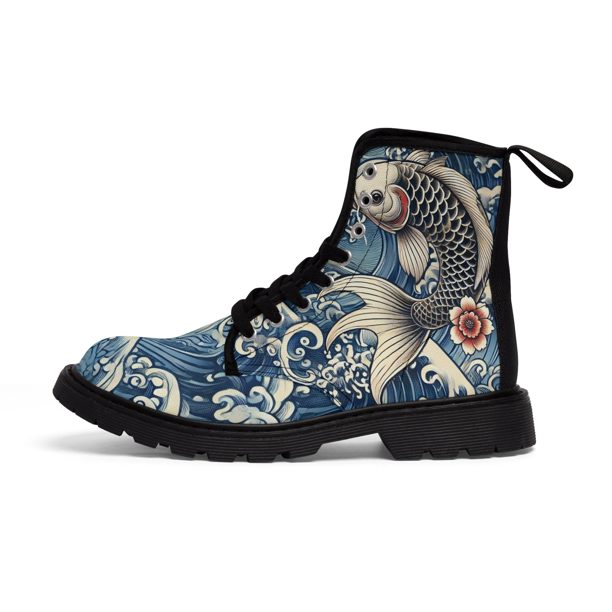 Tokyo Trend Traditional Japanese Koi & Waves Pattern Women's Canvas Boots