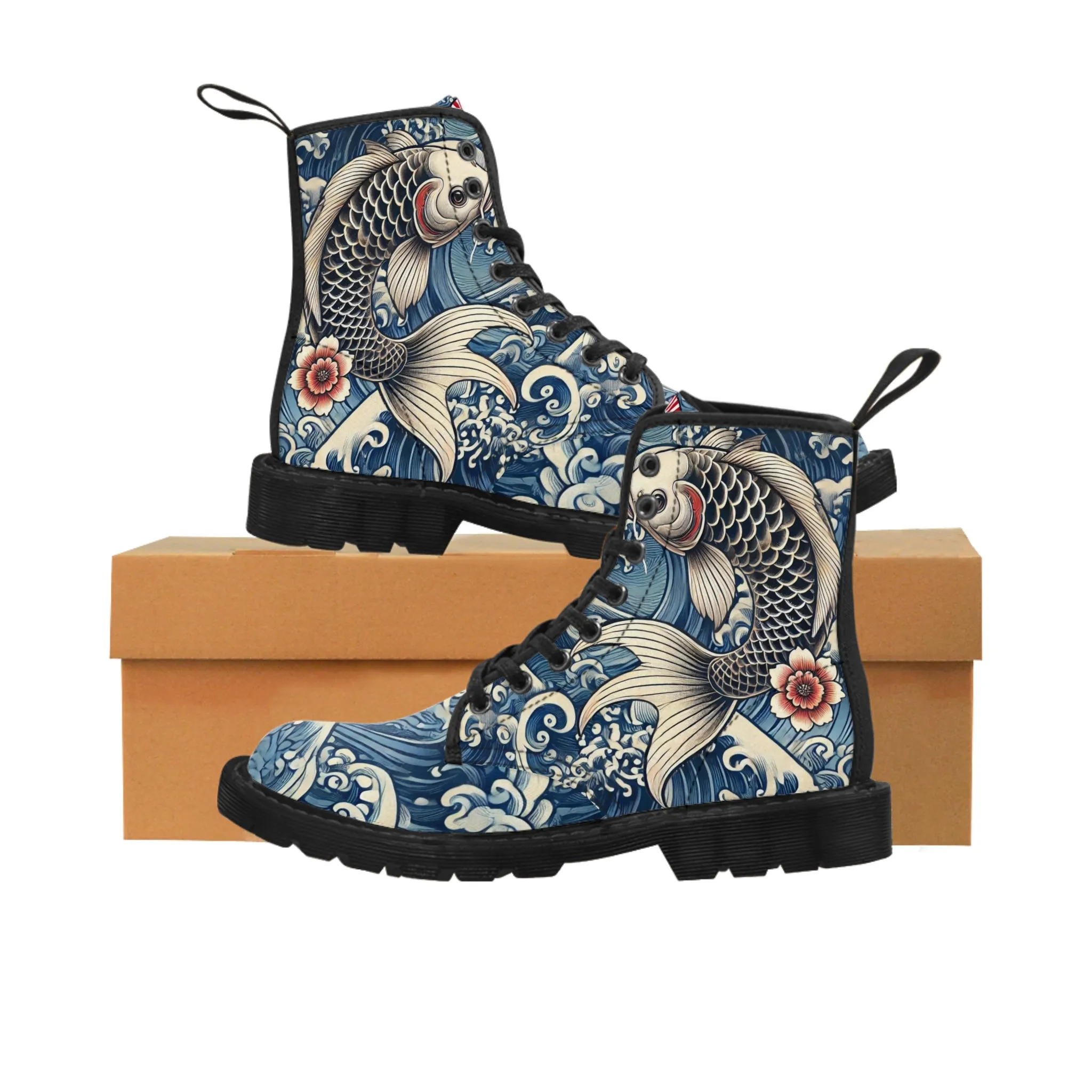 Tokyo Trend Traditional Japanese Koi & Waves Pattern Women's Canvas Boots