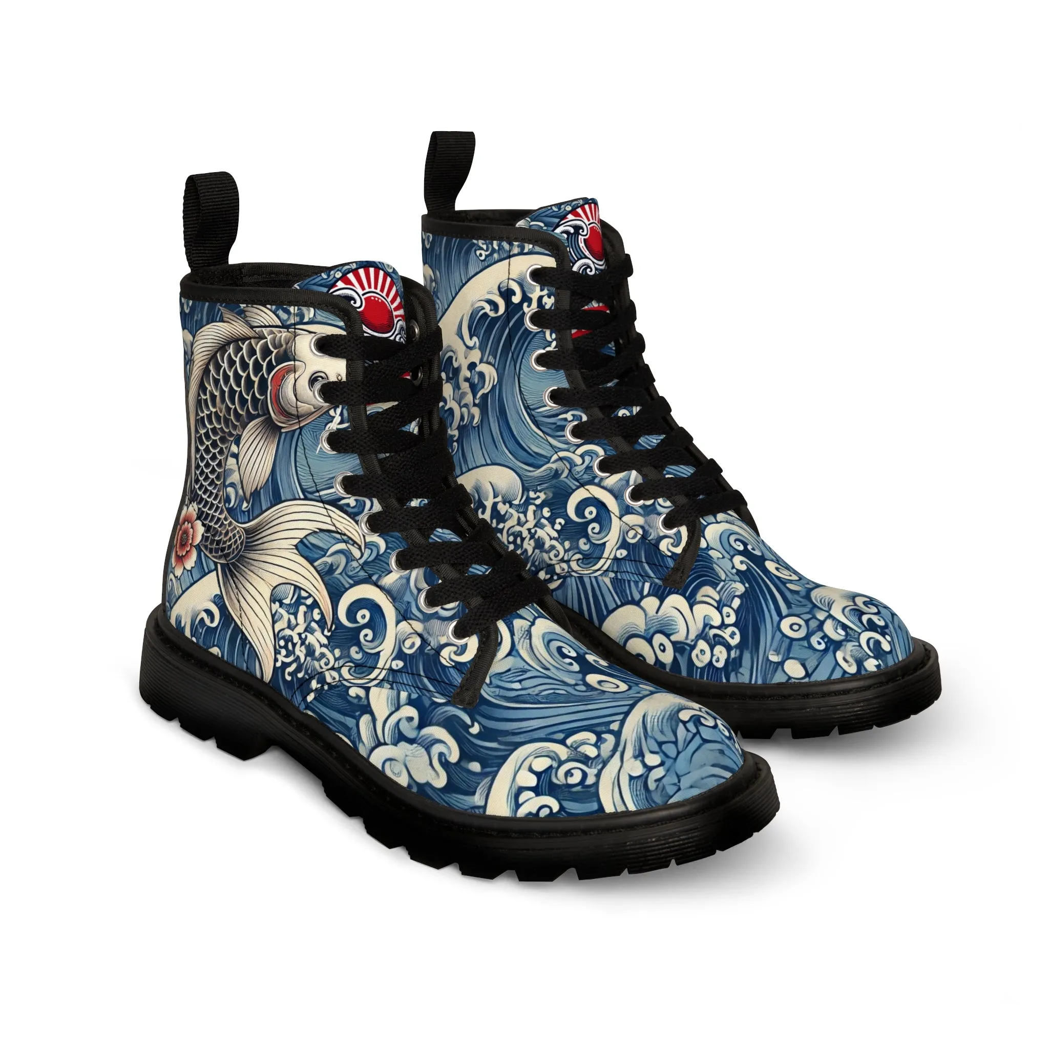 Tokyo Trend Traditional Japanese Koi & Waves Pattern Women's Canvas Boots