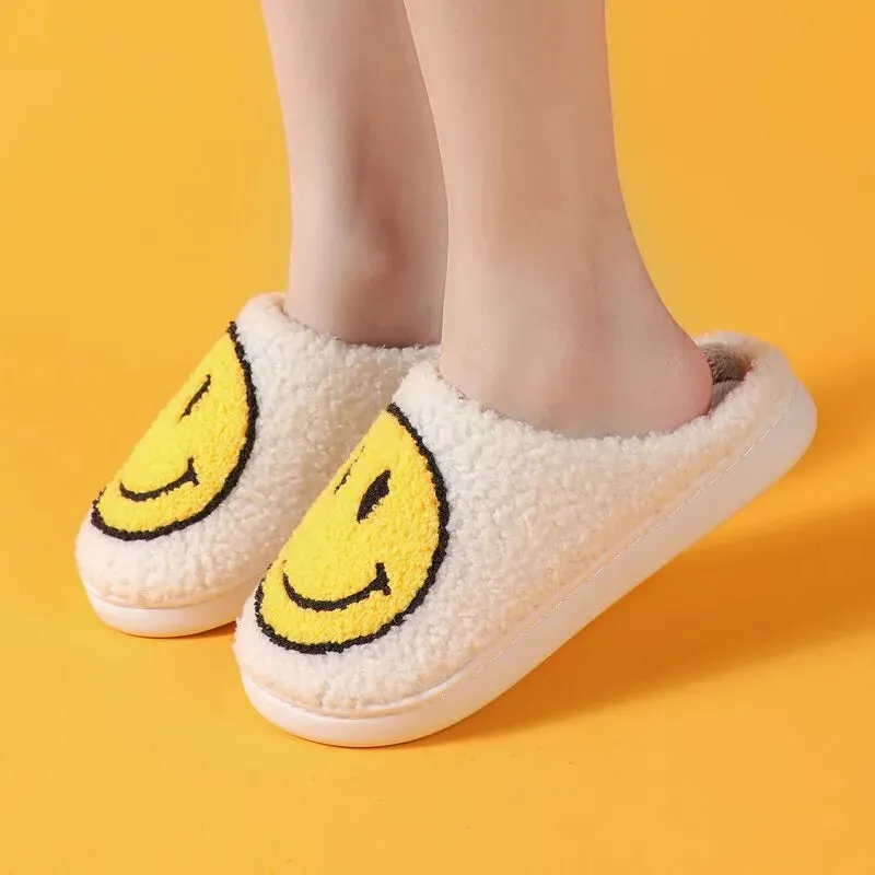 Winter Women Smiley Pattern Fur Fluffy Slides Slippers
