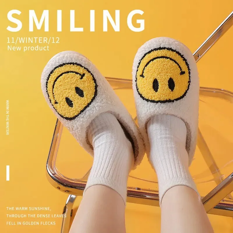 Winter Women Smiley Pattern Fur Fluffy Slides Slippers