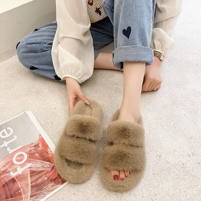 Women's Double Strap Fluffy Slippers